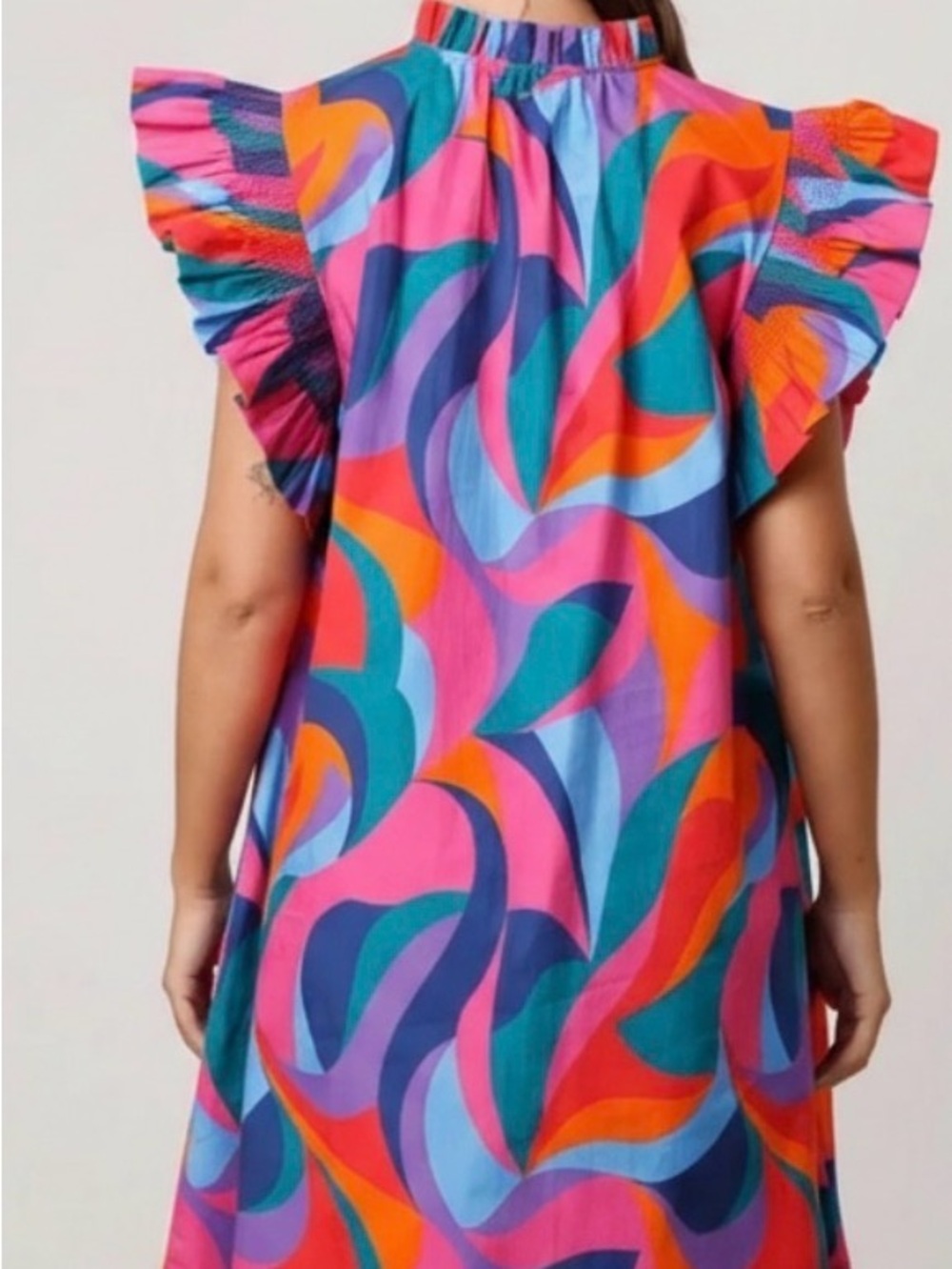 Free People Dress Up Vibrant Multicolor Flutter Sleeve Shift Dress 100% Cotton - Picture 3 of 6